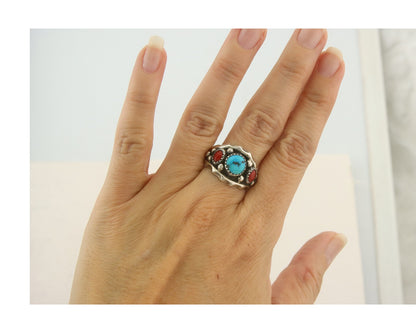 Navajo Ring 925 Sterling Natural Coral & Turquoise Signed SC C.80's Size 8.25