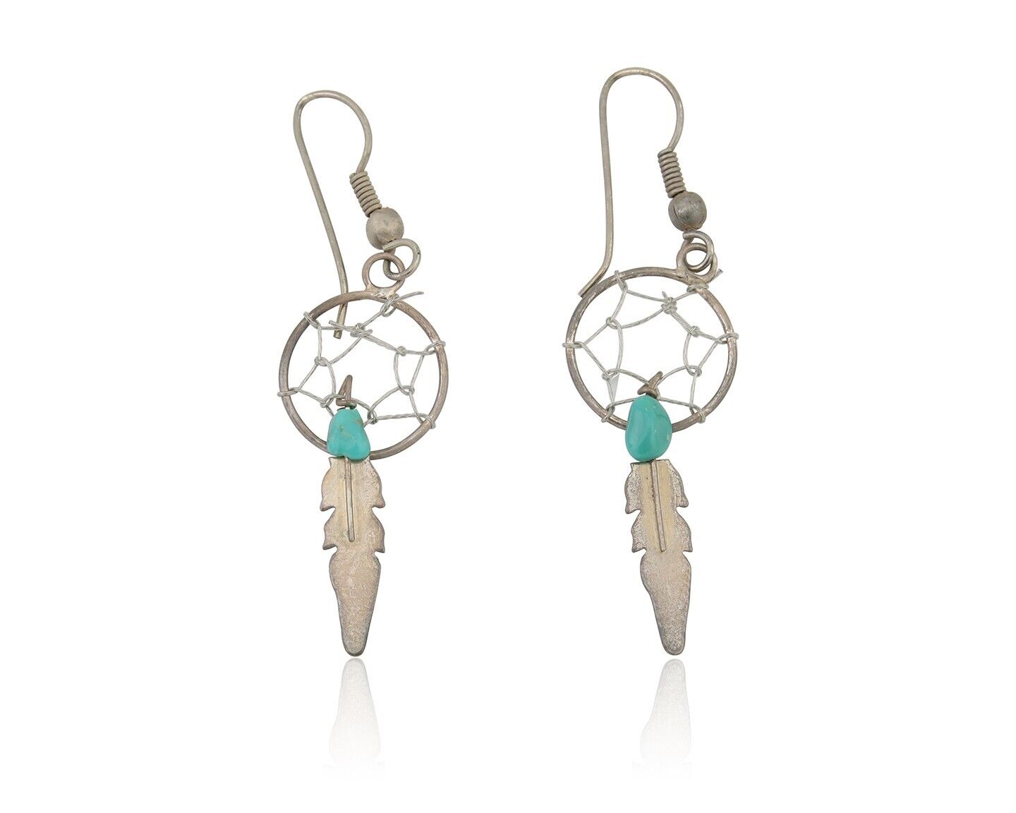 Navajo Dangle Dream Catcher Earrings 925 Silver Blue Turquoise Native Artist C80