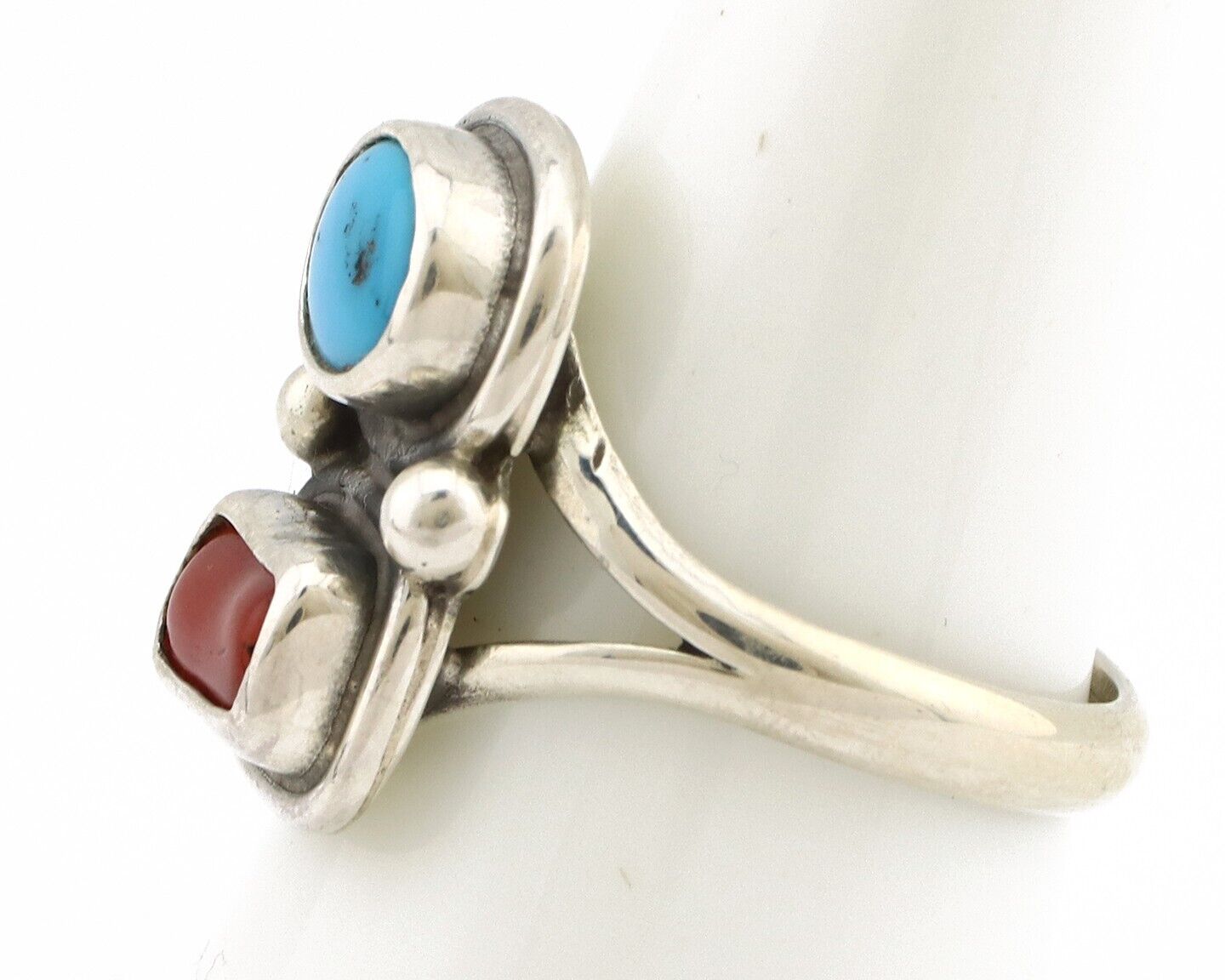 Navajo Ring 925 Silver SB Turquoise & Red Coral Native American Artist C.80s