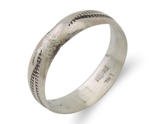 Navajo Hand Stamped Band 925 Silver 5.0 mm Signed Larry Chavez Size 7.5 C.80's