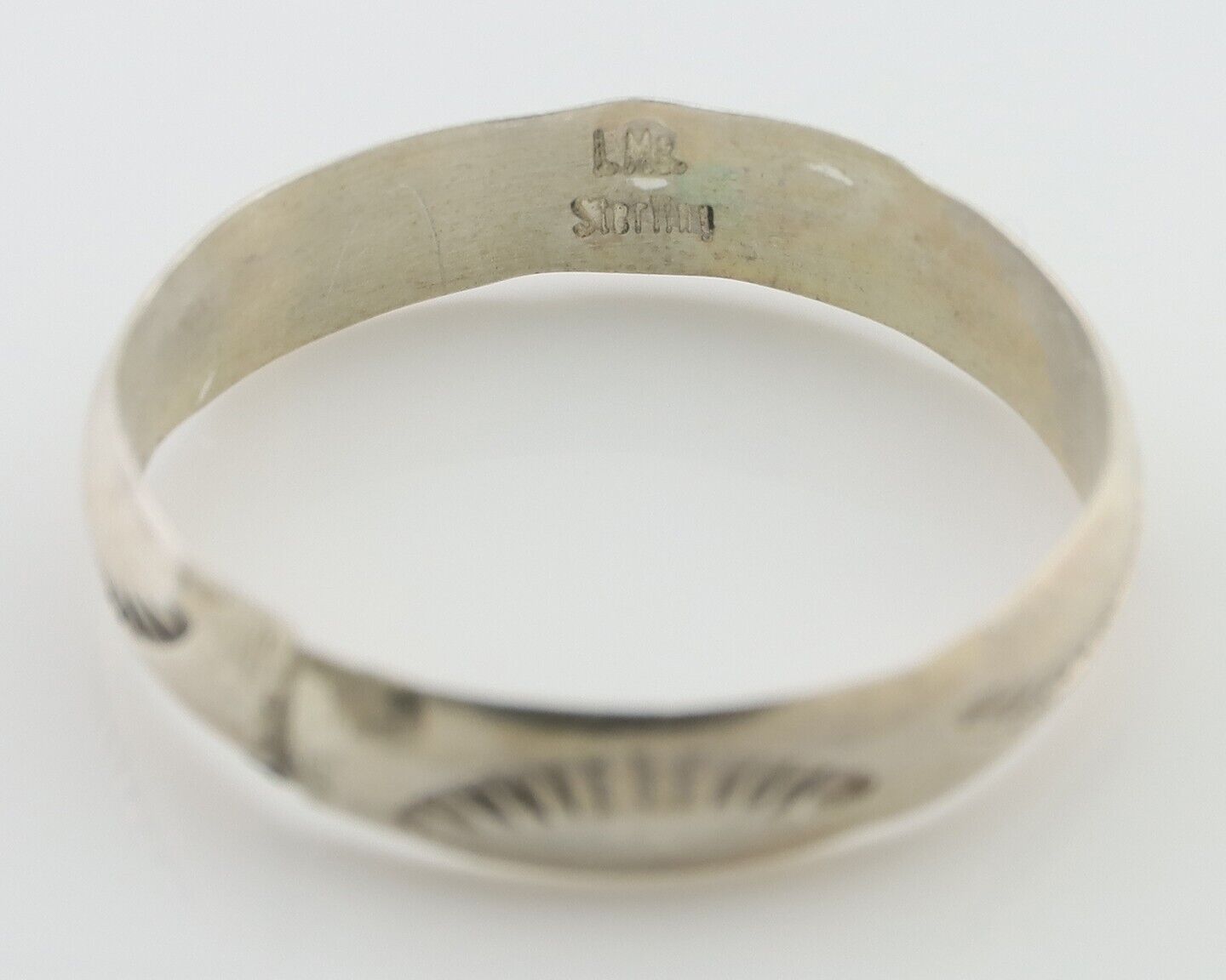 Navajo Hand Stamped Band 925 Silver 5.0 mm Signed Larry Chavez Size 12.25 C.80's
