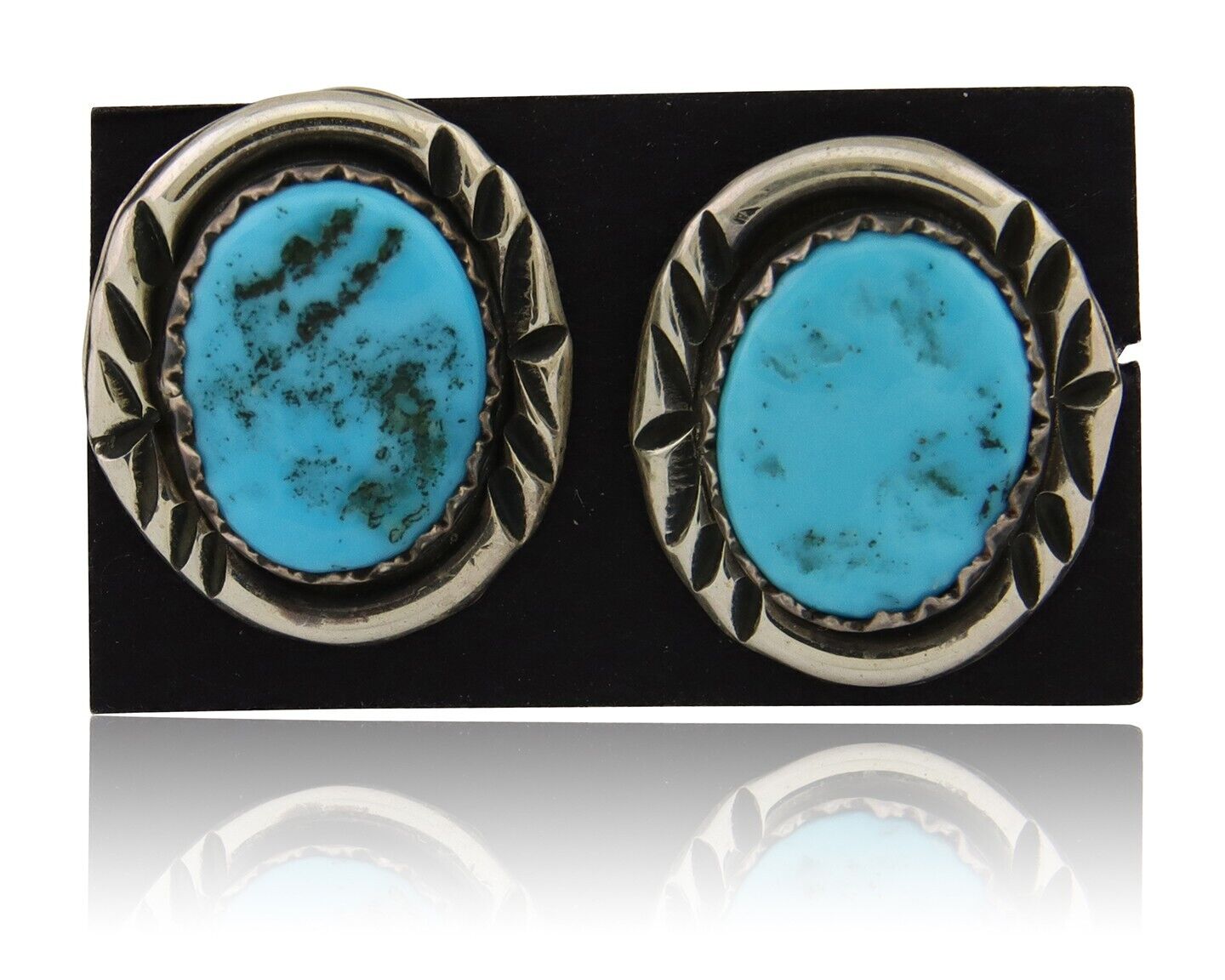 Navajo Hand Stamped Earrings 925 Silver Blue Turquoise Native Artist C.80's