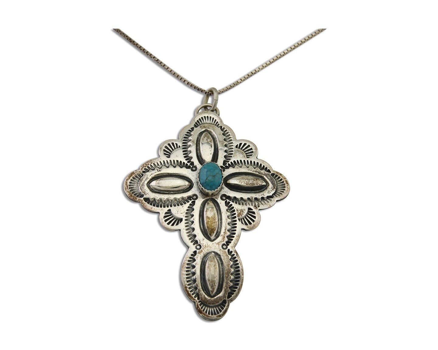 Navajo Cross Hand Stamped Necklace 925 Silver Turquoise Artist Signed JRS C.80's