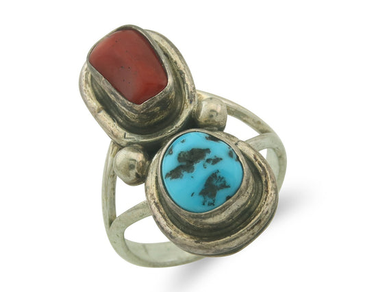 Vintage Navajo Ring 925 Sterling Natural Coral & Turquoise Native Artist Sz 6.25
