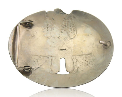 Navajo Belt Buckle .999 Nickel Buffalo Gemstone Signed Jimmie Nezzie 3x3.5in C80