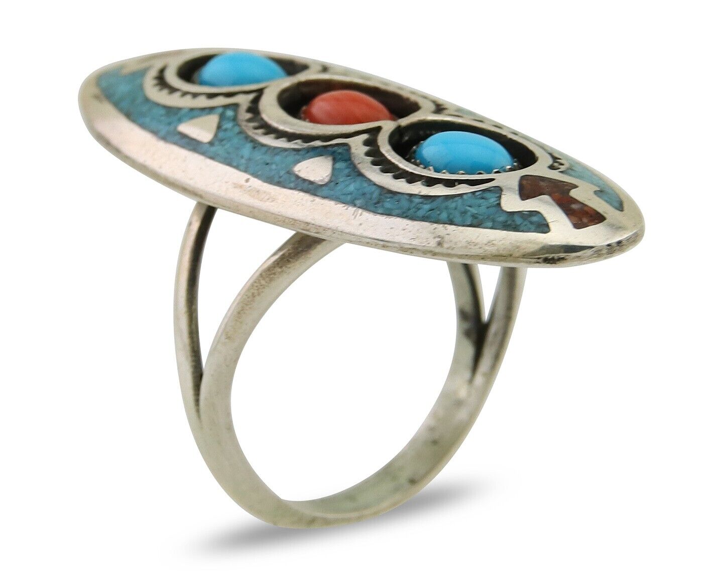 Navajo Handmade Ring 925 Silver Coral & Turquoise Signed Circle JW C.80's