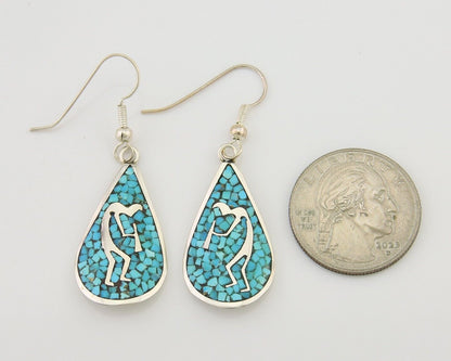 Navajo Kokopelli Earrings 999 Nickel Chip Inlay Turquoise Coral Native American