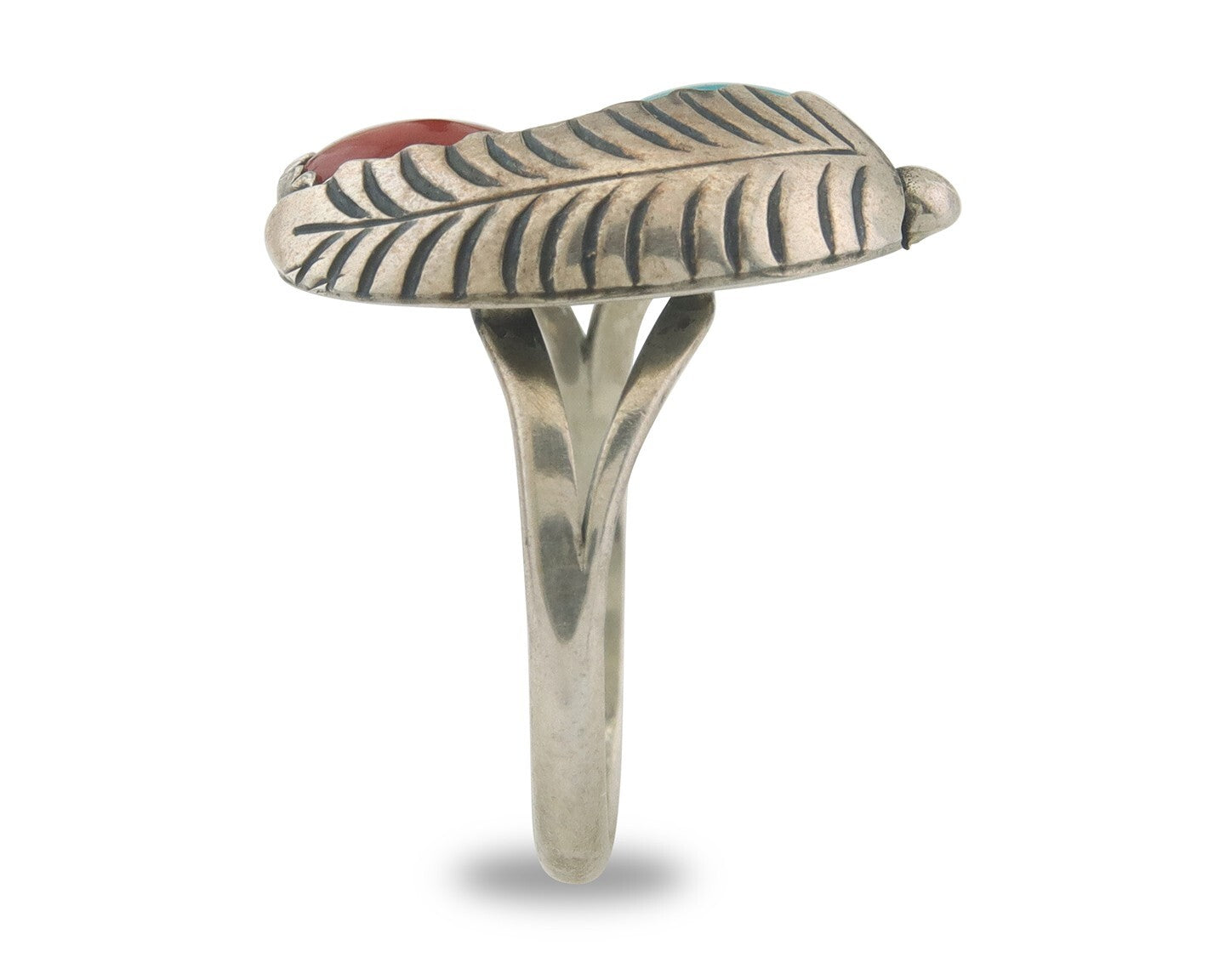 Navajo Ring 925 Sterling Natural Coral & Turquoise Signed BB C.80's Size 8.75