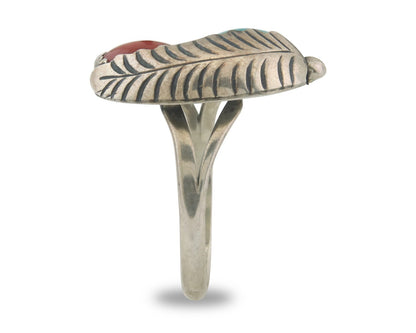 Navajo Ring 925 Sterling Natural Coral & Turquoise Signed BB C.80's Size 8.75