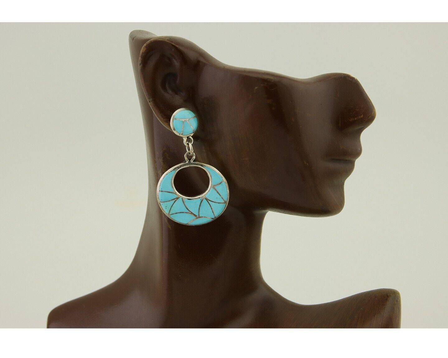 Zuni Dangle Earrings 925 Silver Natural Blue Turquoise Signed ELB C.80's