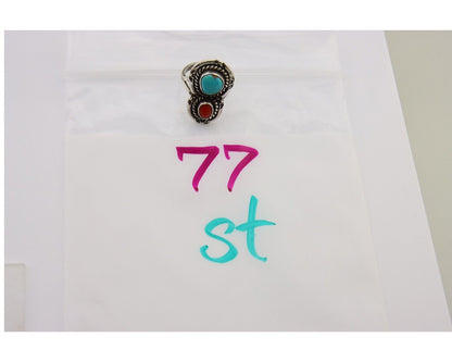 Navajo Ring 925 Silver Turquoise & Coral Native American Artist C.80's