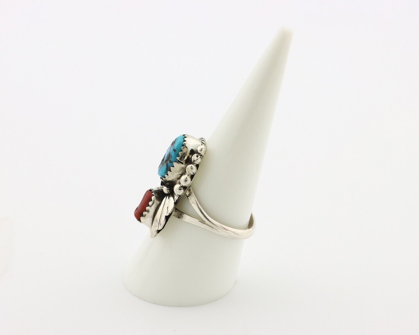 Navajo Ring .925 Silver Turquoise & Coral Artist Signed Justin Morris C.80's