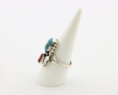 Navajo Ring .925 Silver Turquoise & Coral Artist Signed Justin Morris C.80's