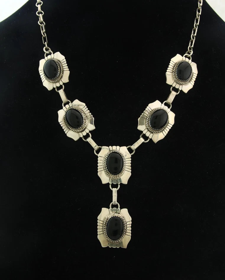 Navajo Necklace Earring Set Sterling Silver Onyx Vintage Signed Begay