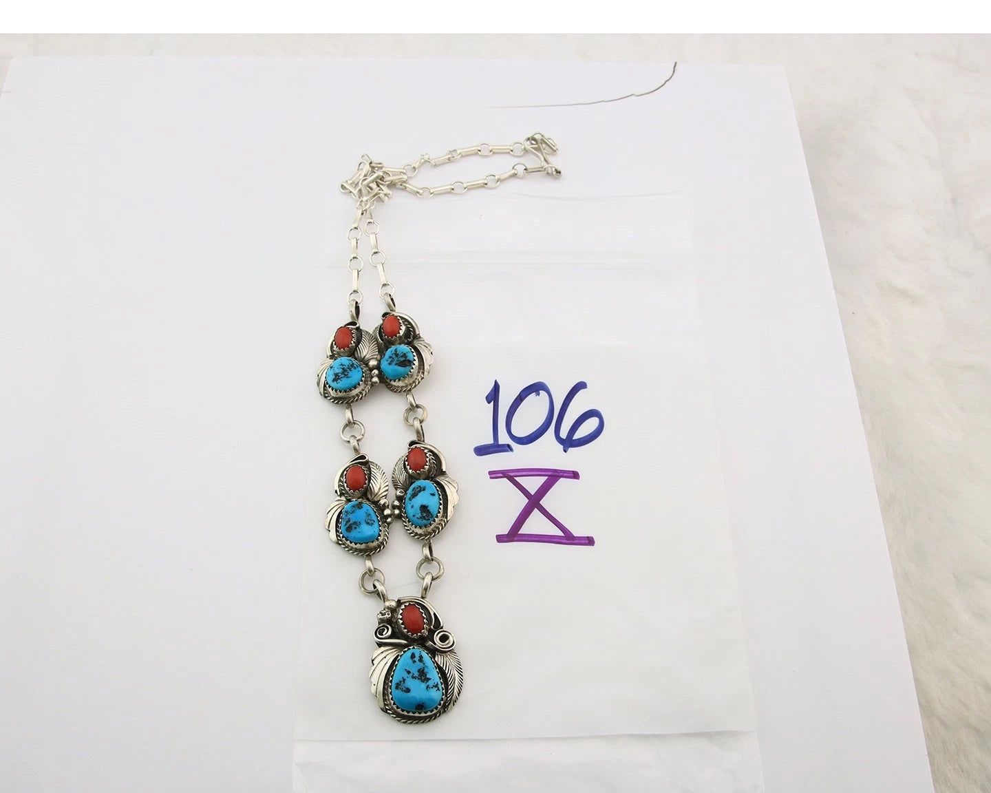 Navajo Necklace Sterling Authentic Turquoise & Coral Signed Justin Morris