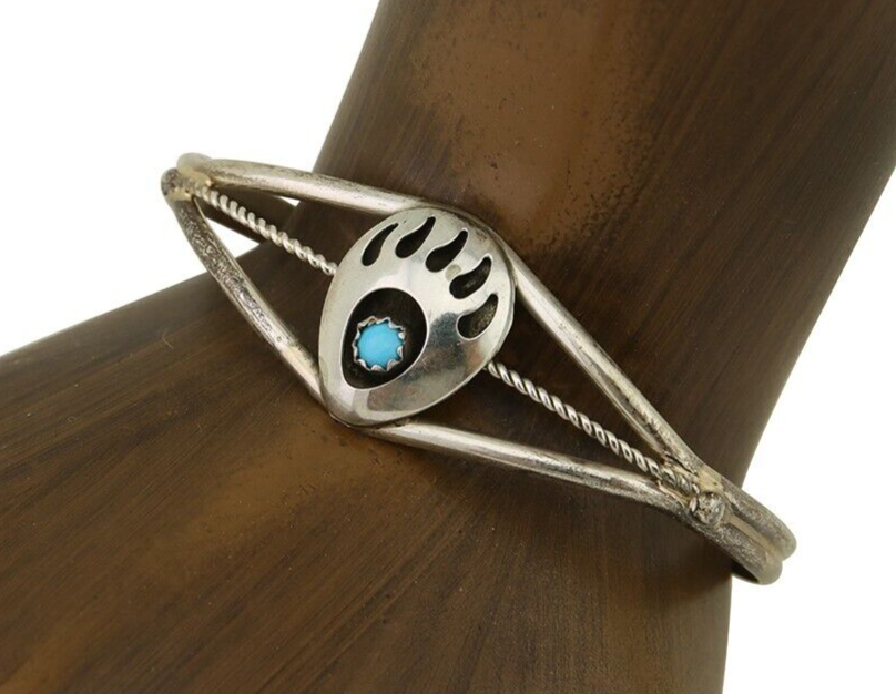 Navajo Paw Bracelet 925 Silver Blue Turquoise Native American Artist C.80's