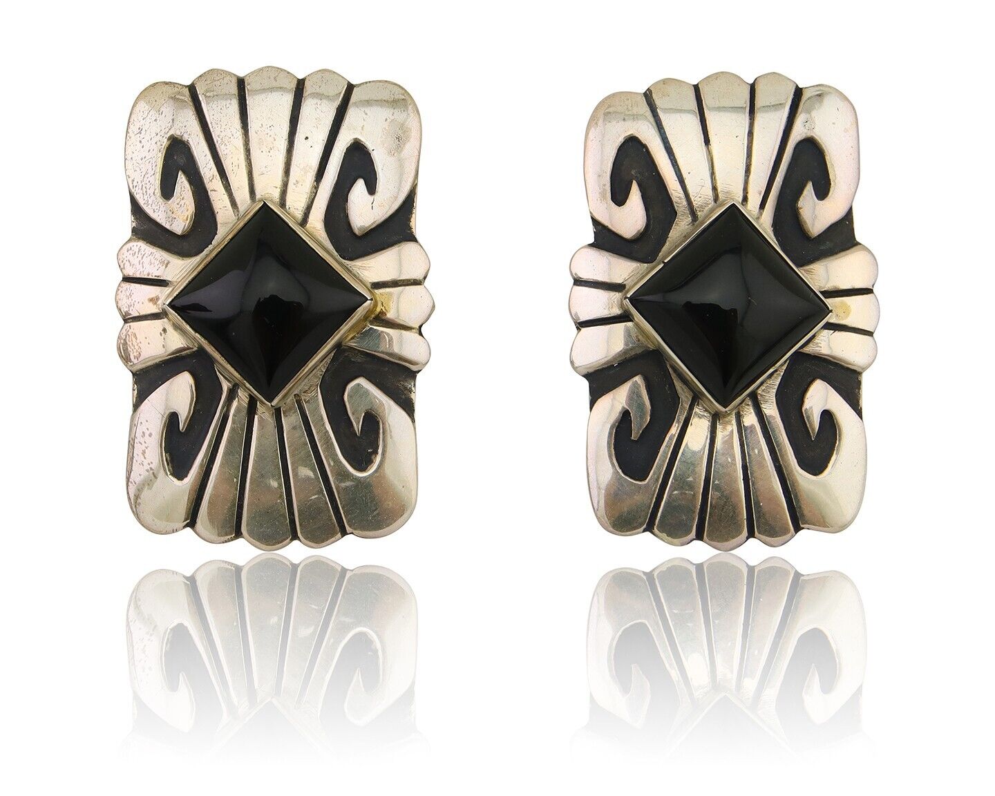 Navajo Handmade Earrings 925 Silver Onyx Artist Signed Thomas Singer C.70's