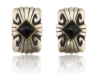 Navajo Handmade Earrings 925 Silver Onyx Artist Signed Thomas Singer C.70's