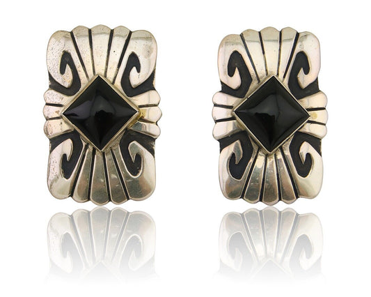 Navajo Handmade Earrings 925 Silver Onyx Artist Signed Thomas Singer C.70's