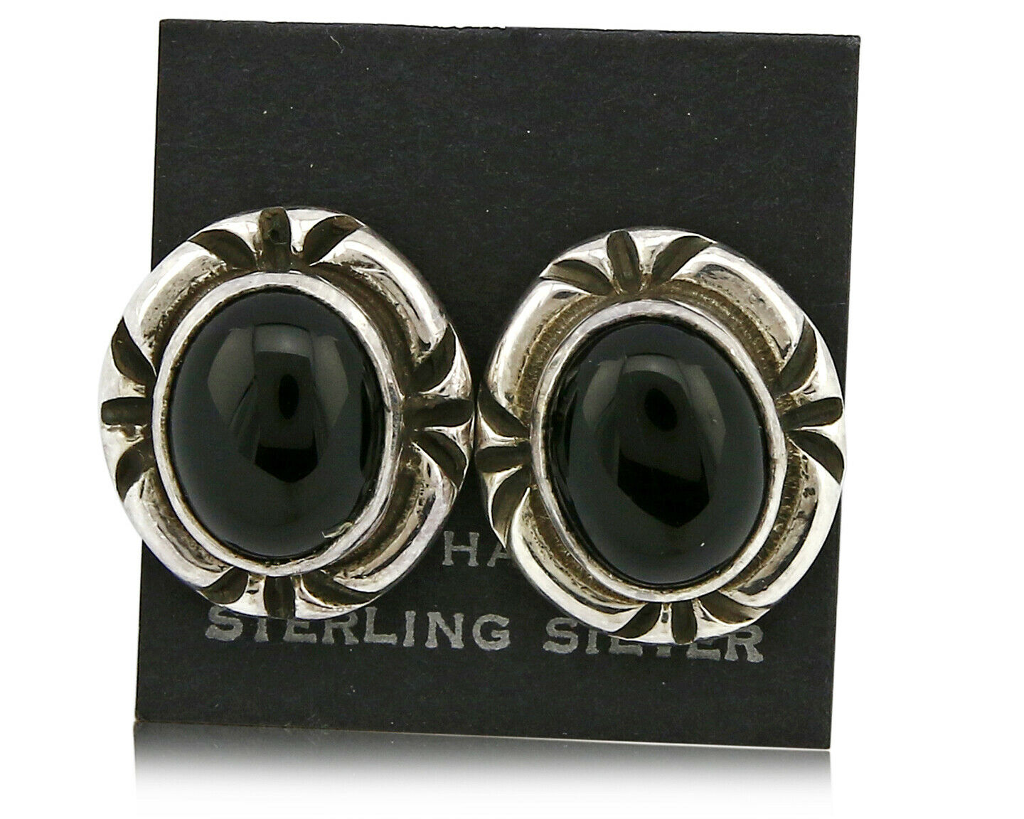 Navajo Hand Stamped Natural Mined Black Onyx .925 SOLID Silver Stud Earrings