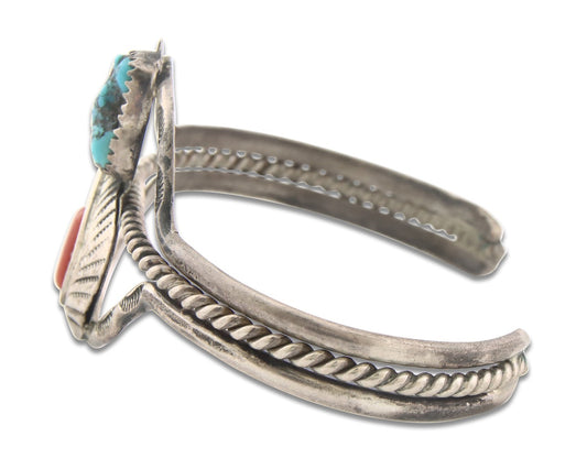 Vintage Navajo Bracelet 925 Silver Red Coral Turquoise Authentic