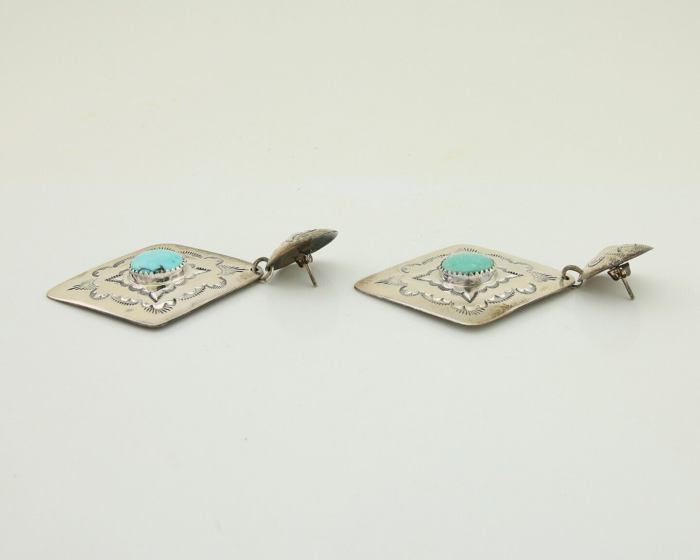 Navajo Dangle Earrings 925 Silver Natural Blue Turquoise Artist Signed LS C.80's