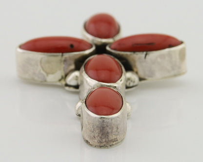 Navajo Cross Pendant 925 Silver Mediterranean Coral Signed J Tso C.80s