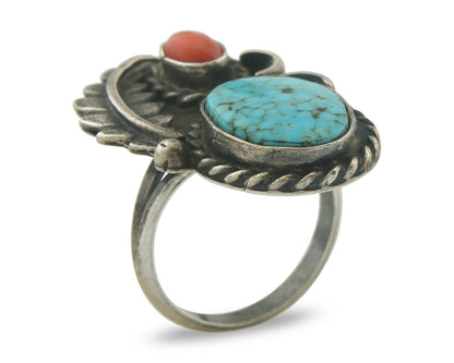 Navajo Ring 925 Sterling Turquoise & Coral Native Artist C.80's Size 7.5