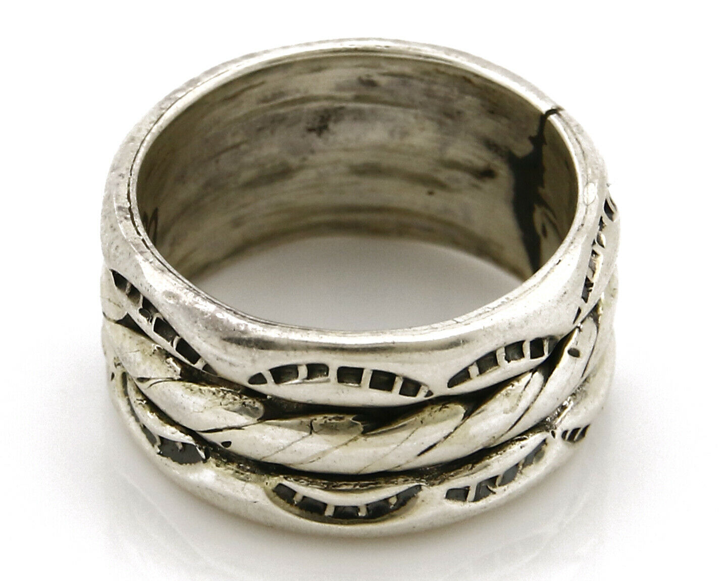 Navajo Ring .925 Silver Handmade Hand Stamped 3 Row Rope Band C.1980's Size 5.0