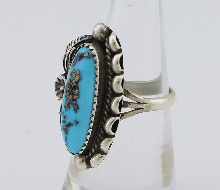 Navajo Ring 925 Silver Sleeping Beauty Turquoise Artist Signed SC C.80's