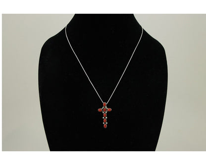 Navajo Cross Necklace 925 Silver Mediterranean Coral Native American Artist C80s