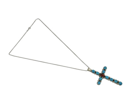 Navajo Cross Necklace 925 Silver Blue Turquoise Artist Signed JWJ C.80's