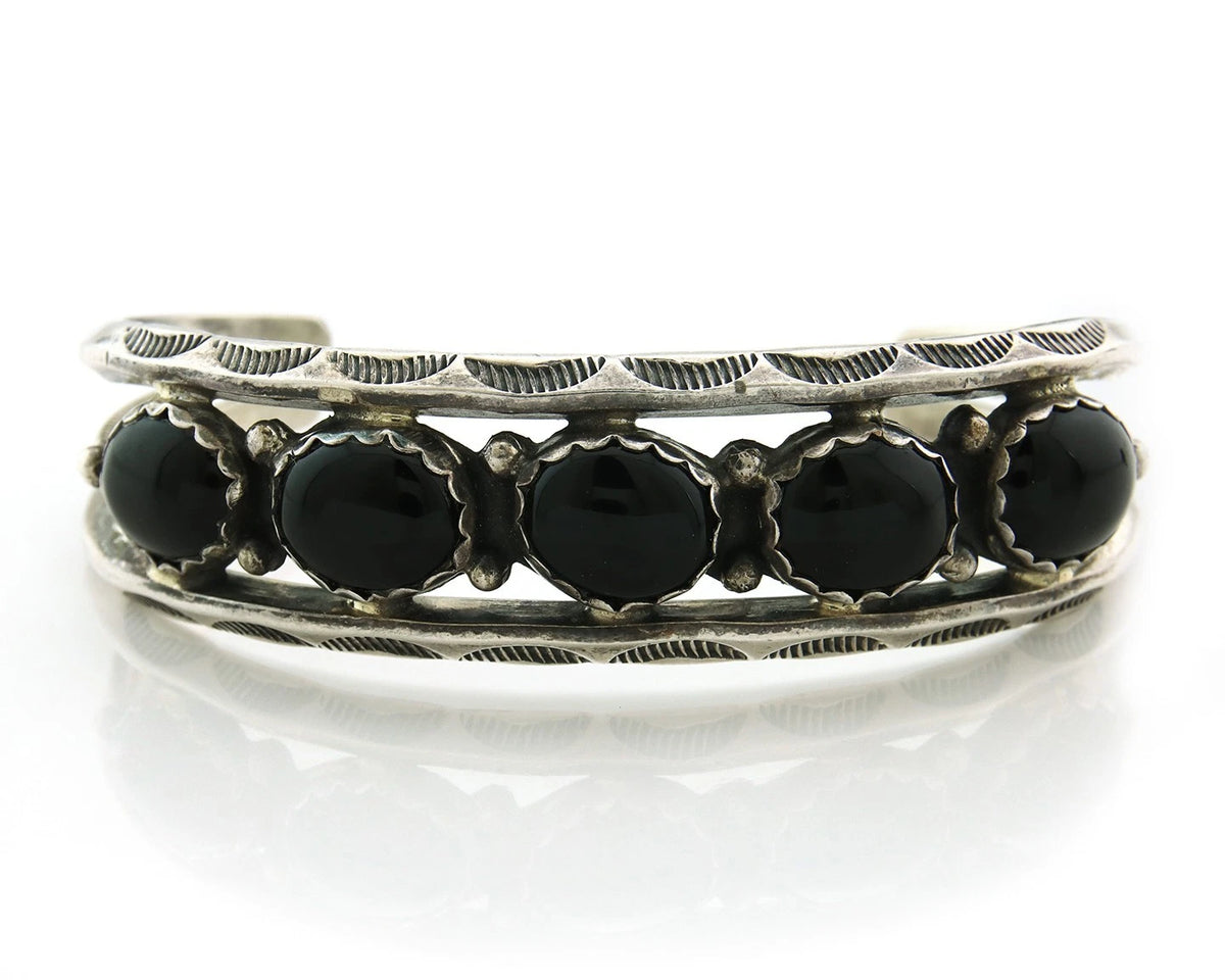 Navajo Cuff Bracelet 925 Sterling Silver Onyx Vintage Signed H Spencer