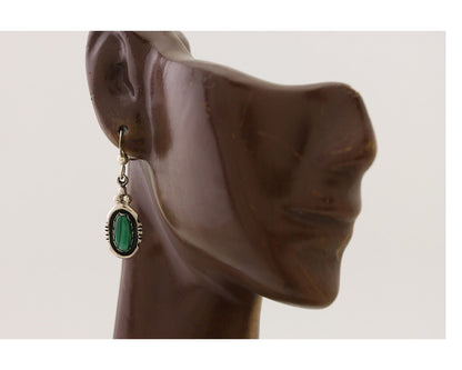 Navajo Dangle Earrings 925 Silver Natural Malachite Native American Artist C.80s
