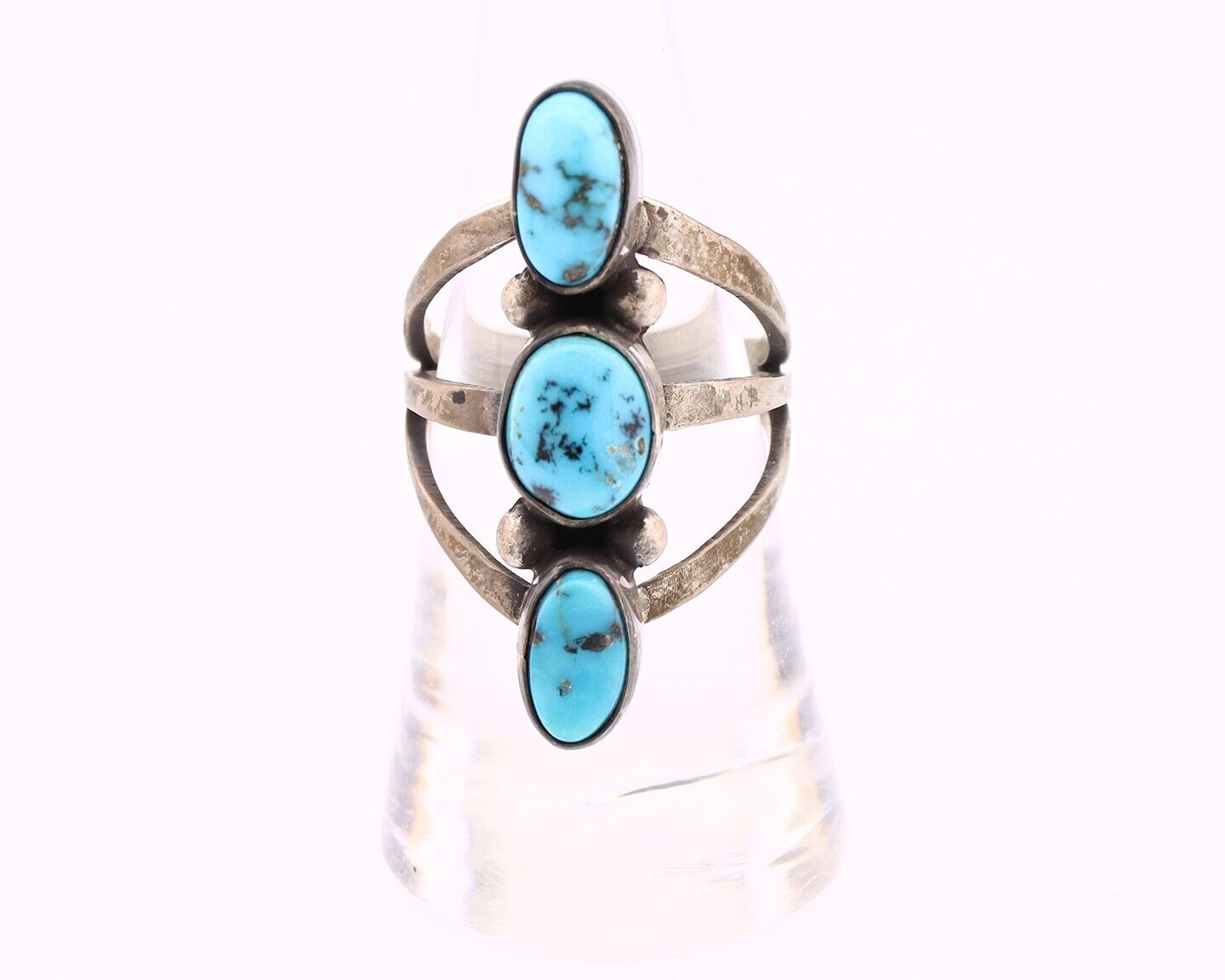 Navajo 3 Stone Ring 925 Silver Blue Turquoise Native American Artist C.80's