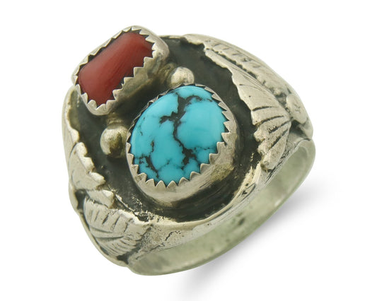 Vintage Navajo Band 925 Sterling Turquoise & Coral Native Artist Size 9.0