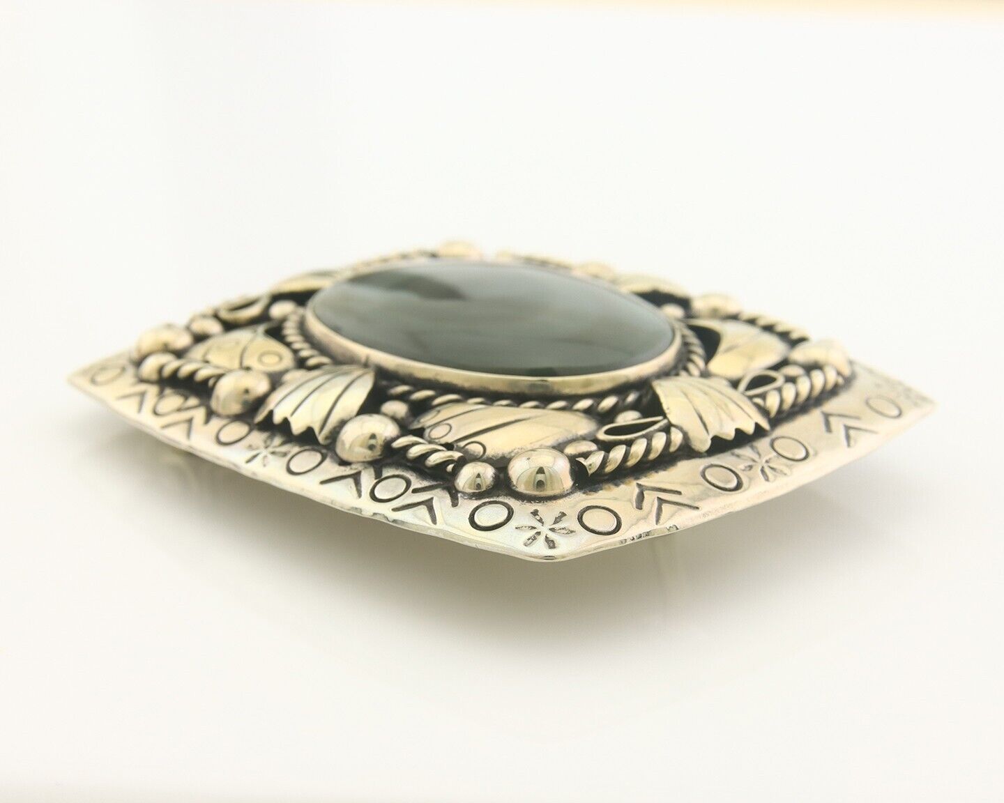 Navajo Belt Buckle .999 Nickel Agate Native Artist Handmade 2.5 x 3.0 in C.80s