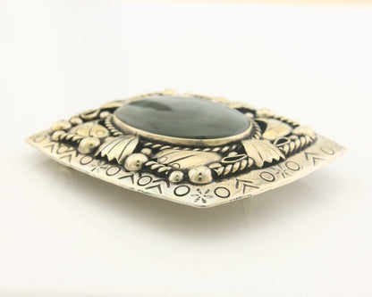 Navajo Belt Buckle .999 Nickel Agate Native Artist Handmade 2.5 x 3.0 in C.80s