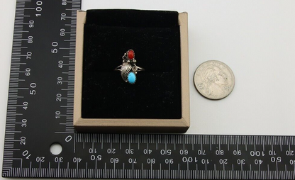Navajo Handmade Ring 925 Silver Turquoise & Coral Native Artist C.80's