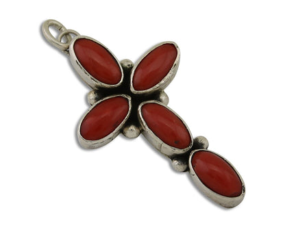 Navajo Cross Pendant 925 Silver Mediterranean Coral Signed J Tso C.80s