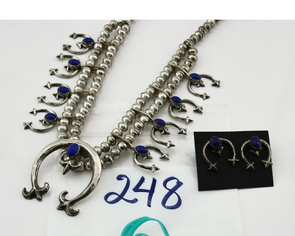 Navajo Squash Necklace Earring Set Sterling Silver Lapis Vintage C.80's