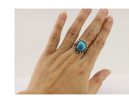Navajo Ring 925 Silver Sleeping Beauty Turquoise Artist Signed SC C.80's