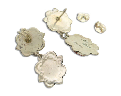 Navajo Earrings 925 Silver Turquoise & Coral Artist Signed Mary Ellen C.80's