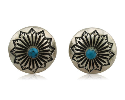 Navajo Hand Stamped Earrings 925 Silver Turquoise Native Artist C.80's