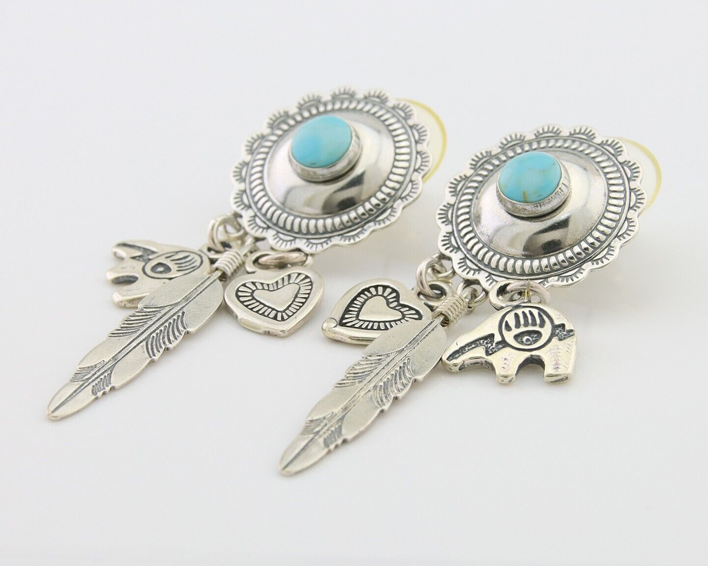 Navajo Concho Dangle Bear Feather Heart Earrings 925 Silver Natural Turquoise