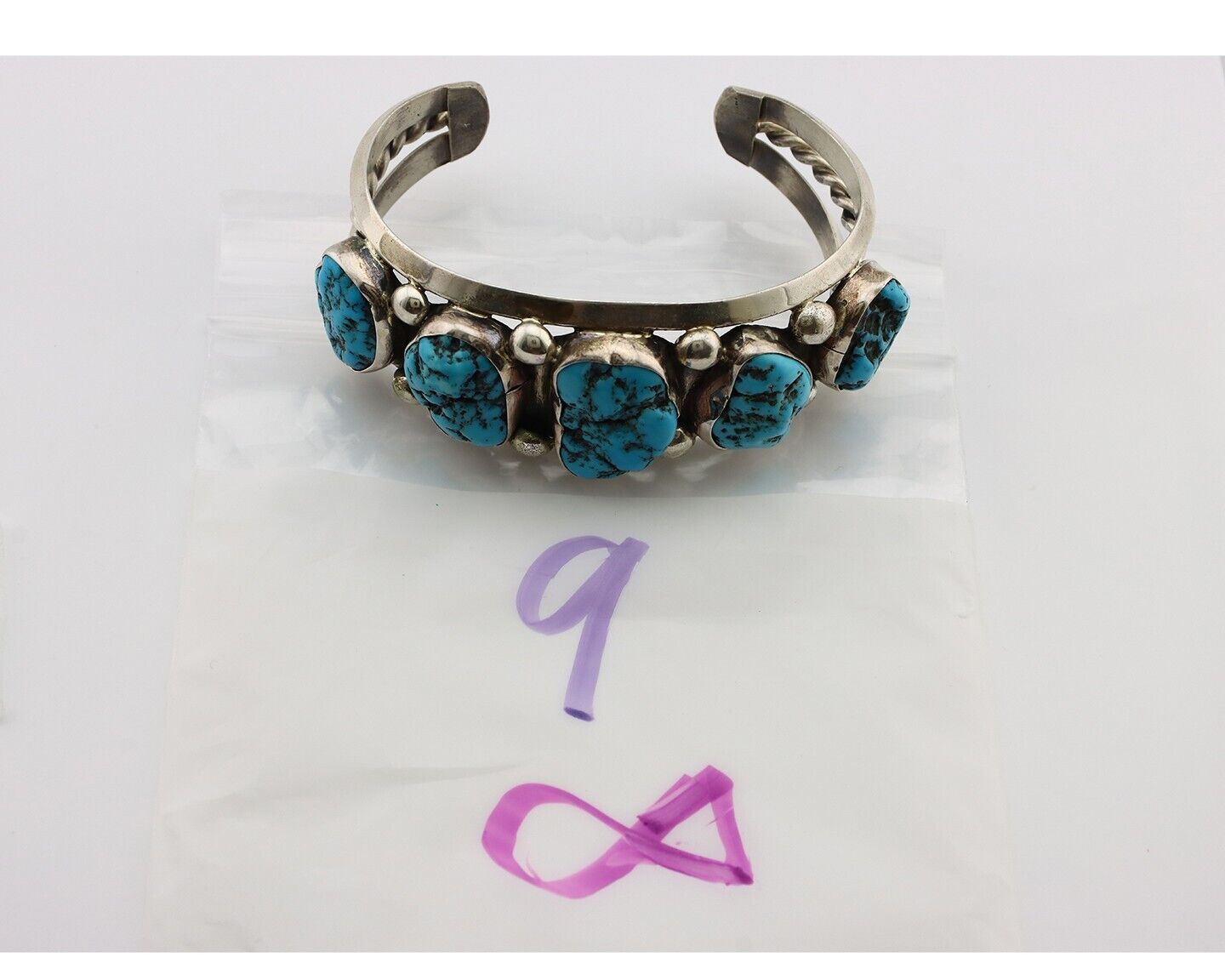 Navajo Bracelet 925 Silver Nugget Sleeping Beauty Turquoise Artist Signed JR C80