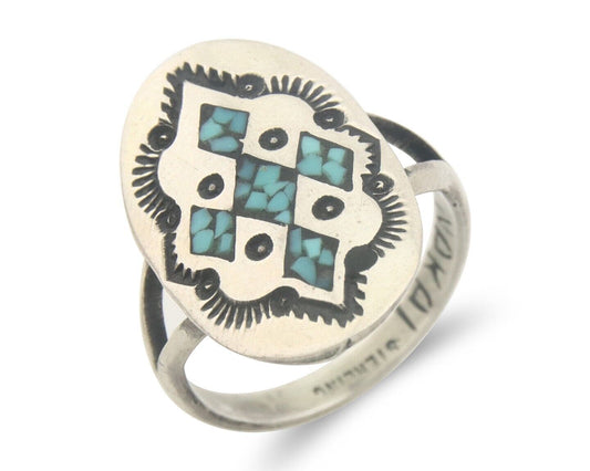 Navajo Ring 925 Sterling Natural Chip Inlay Turquoise C.80's Size 5.75