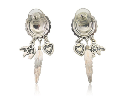 Navajo Concho Dangle Bear Feather Heart Earrings 925 Silver Natural Turquoise