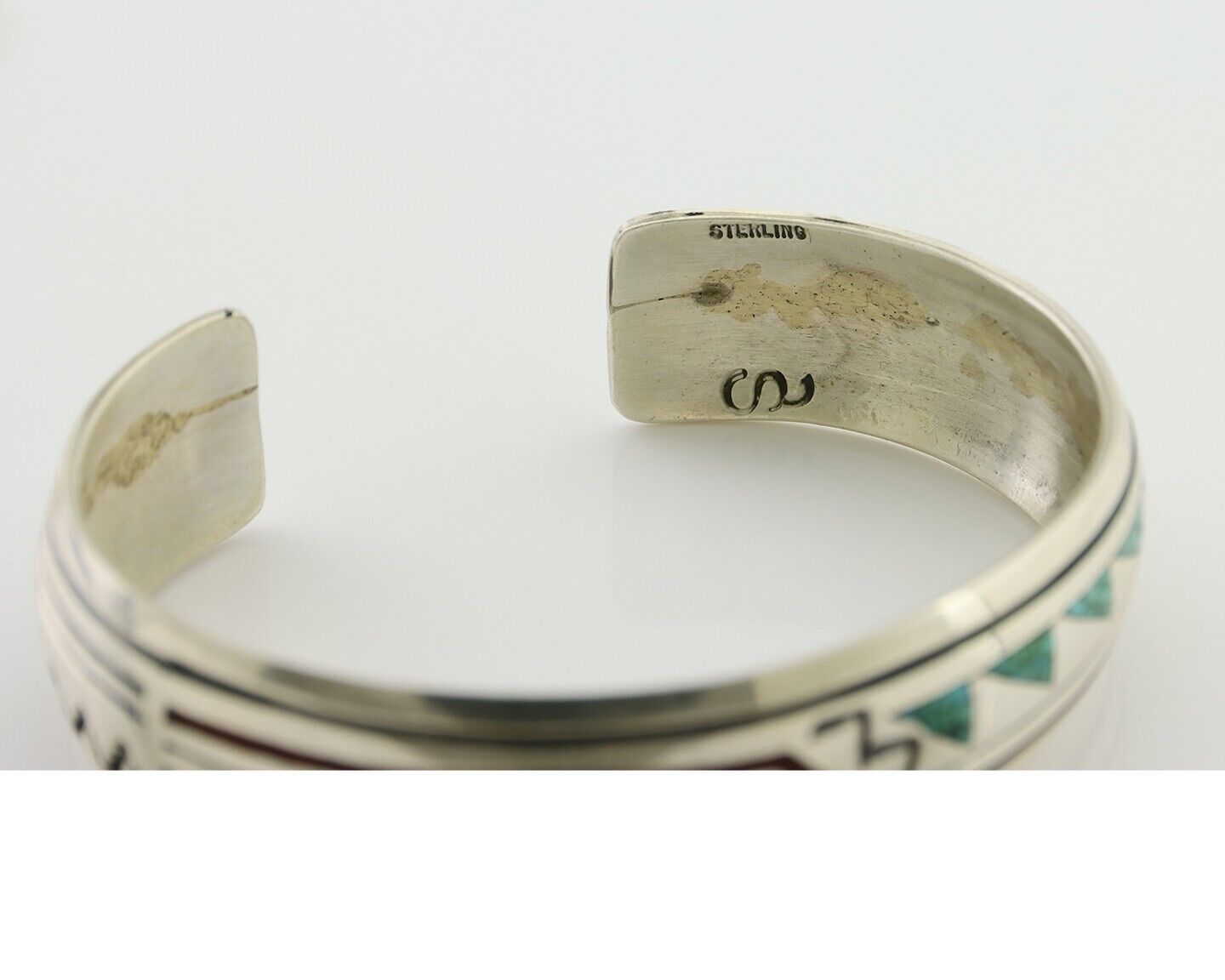 Navajo Inlay Bracelet 925 Silver Turquoise & Coral Signed Stanely Bain C.80's