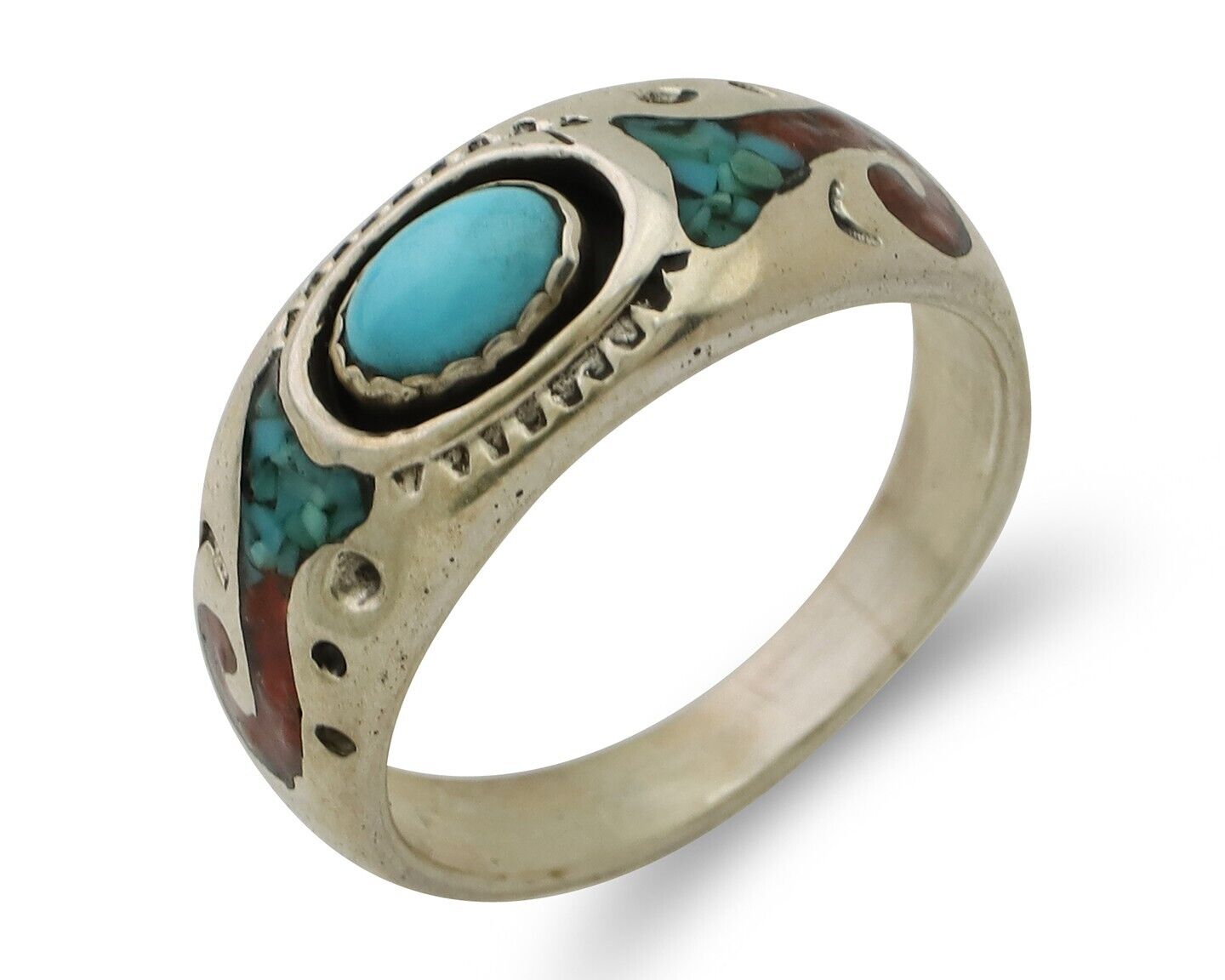 Navajo Ring 925 Silver Turquoise & Coral Natural American Artist C.80's